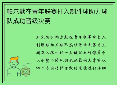帕尔默在青年联赛打入制胜球助力球队成功晋级决赛